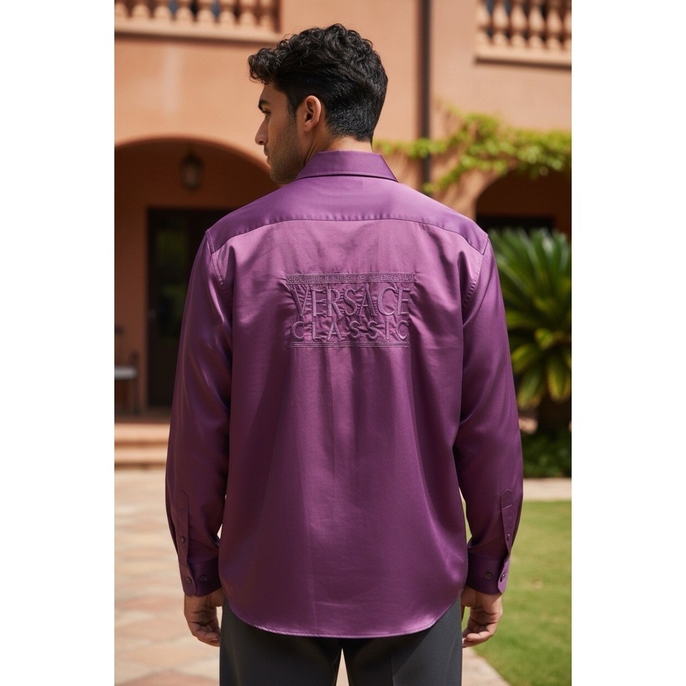 VINTAGE Embroidered Versace PURPLE Long Sleeve DRESS Shirt LOGO LOGOS M